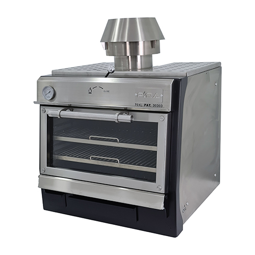 Stainless steel charcoal oven with painted front, 65 kg/h - glass door