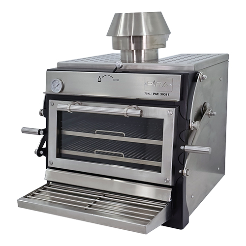 Stainless steel charcoal oven with painted front, 65 kg/h - liftable glass door