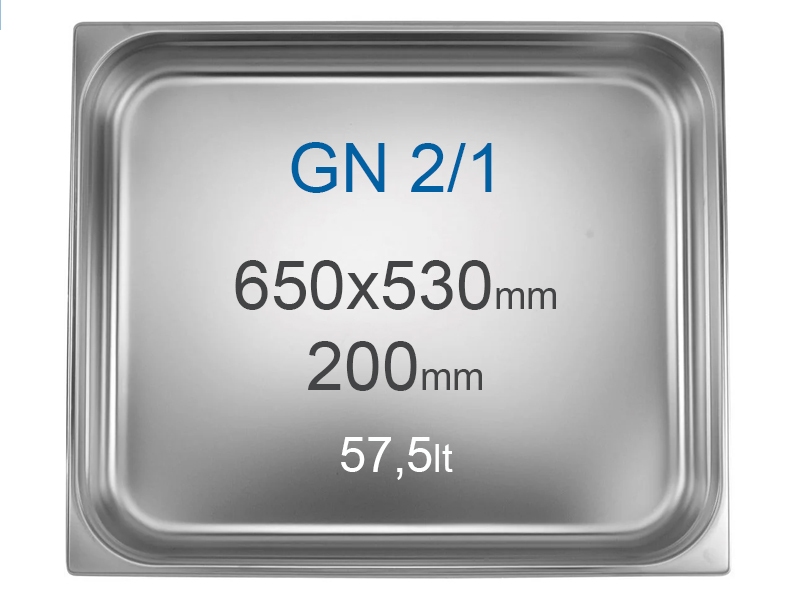 Stainless steel container GN2/1 (530x650 mm) without handles, 57.5 l, alt=200 mm