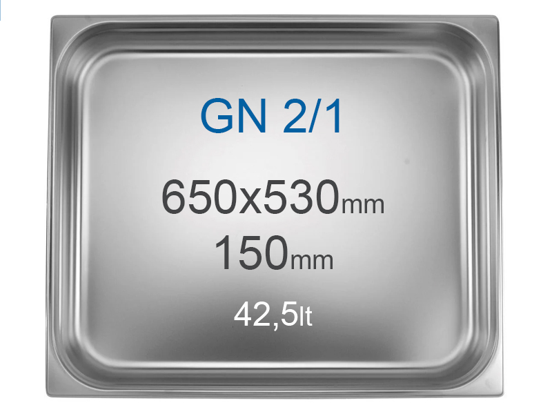 Stainless steel container GN2/1 (530x650 mm) without handles, 42.5 l, alt=150 mm